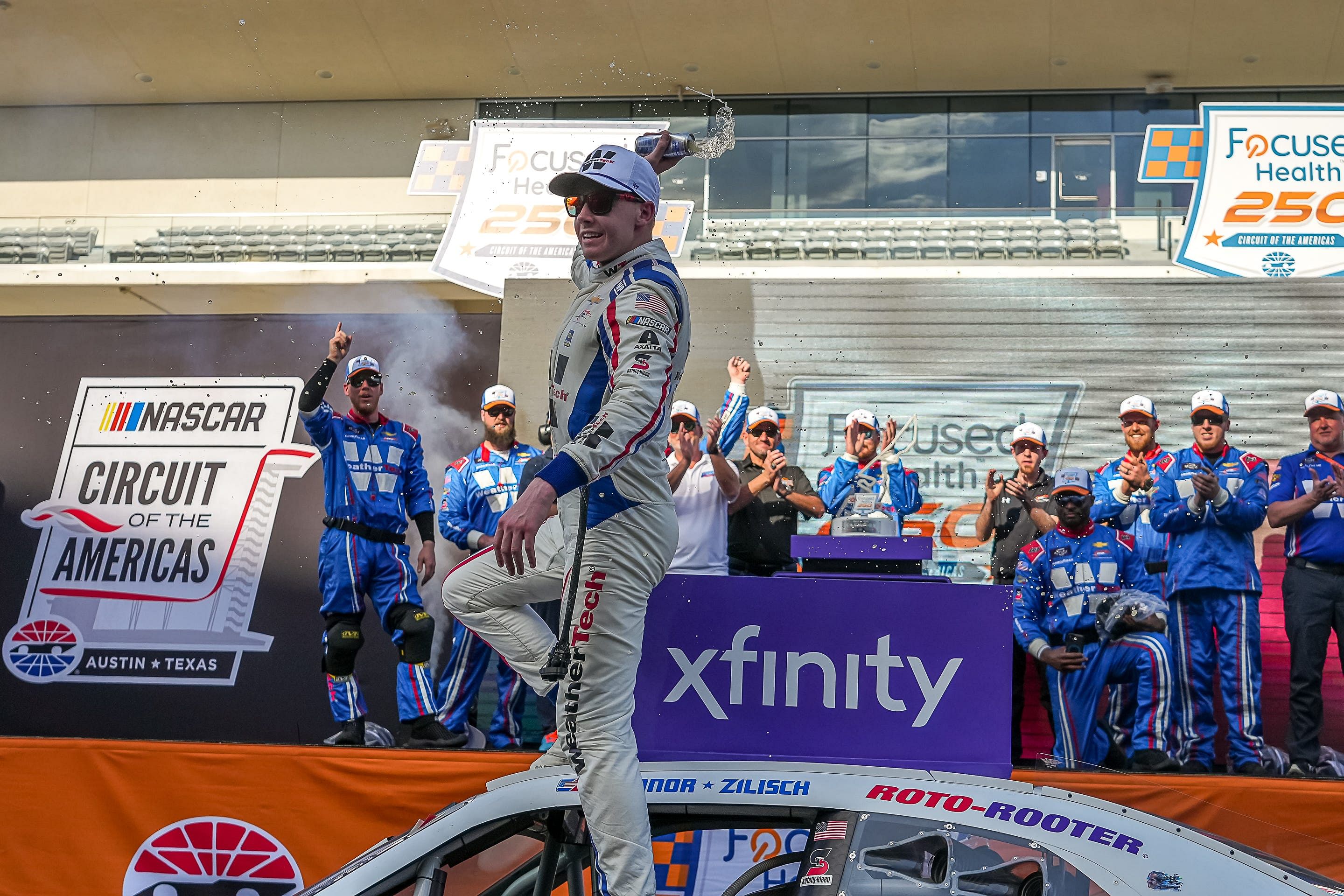 Connor Zilisch celebrates winning the NASCAR Xfinity Series Focused Health 250 at COTA. Source: Imagn